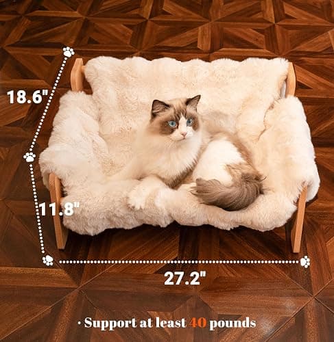 CHEERHOME PETS Elevated Cat Couch Bed for Indoor Cats, Wooden Cat Sofa with Removable Washable Fluffy Cover Raised Kitty Lounge Chair Suitable for Puppy(Cat Sofa Off-White) thumbnail 5
