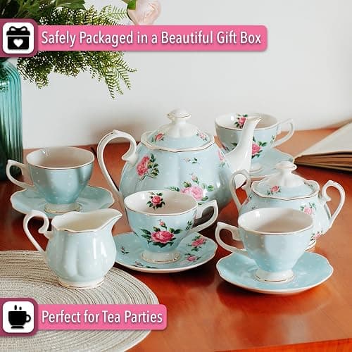BTaT- Floral Tea Sets for Adults, 13 pcs, Service for 4, Pot (38 oz) & Cups (8 oz) with Saucers, Pastel Blue Floral Design, Porcelain Tea Set for Adult, Dishwasher Safe, Mothers Day Gift thumbnail 7