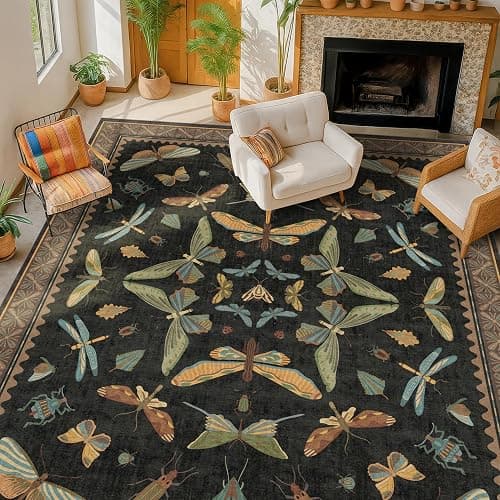 Hazo Haus Black Washable Insect Area Rugs 8x10 for Living Room, Bedroom, Dining Room Under Table, Playroom, Large Dark Whimscal Boho Indoor Rug, Ultra Soft Low Pile Non Slip - Image 1