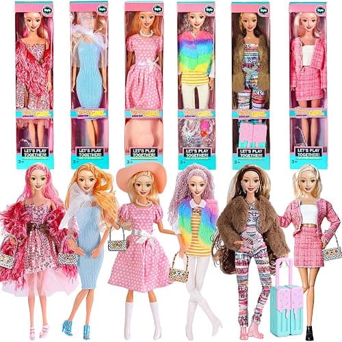 iBayda 6 Pack Fashion 11.5 inch American Toy Prinecess Dolls Playset with Outfits Dress Design and Accessories Like Handbag Hat Crown Necklace Suitcase (Gift Box Package) - Image 1