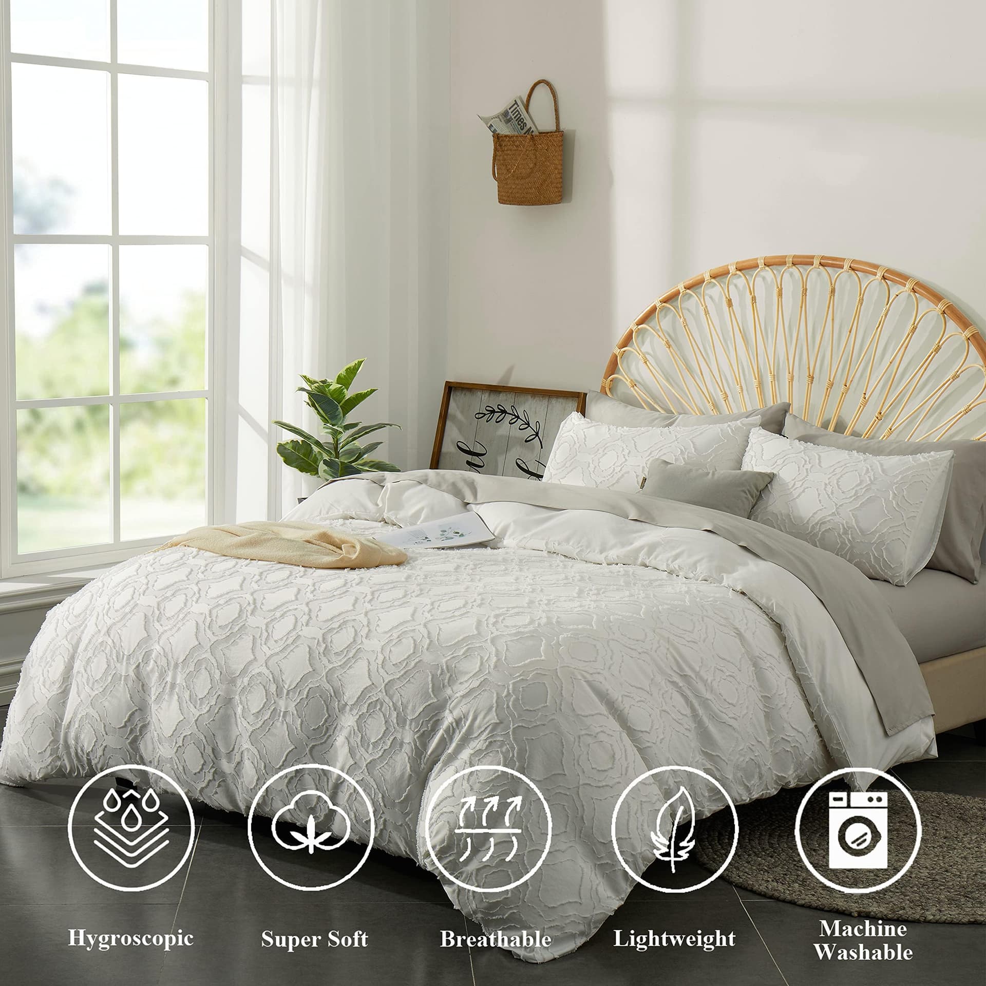 Quilt Cover King Size, Shabby Chic Tufted Beige Duvet Cover Set, 3PCS Soft and Breathable Textured Boho Bedding Set with Zipper Closure (White, King) thumbnail 2
