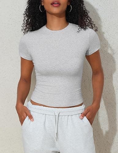 PrettyGuide Women's Crew Neck Short Sleeve Summer Basic Tee Tight Fit Cotton Jersey T Shirt Y2K Going Out Tops thumbnail 9