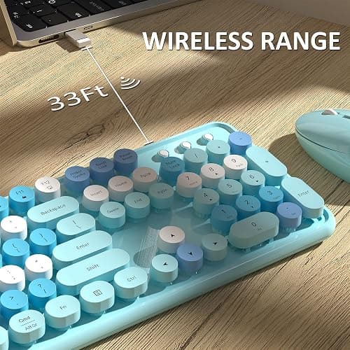 Links9+ Wireless Keyboard and Mouse, Full-Size Retro Typewriter Keyboard with Round Keycaps, 2.4GHz for Windows, Mac, Laptop, PC, Desktop (Blue Colorful) thumbnail 7