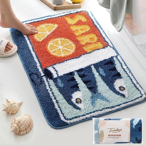 TRUEDAYS Sardine Can Bath Mat, Blue Bathroom Rugs for Bedroom, Soft Washable Rug Non Slip Cute Kitchen Bath Mats for Bathroom Funny Cartoon Fish and Lemon - Image 1