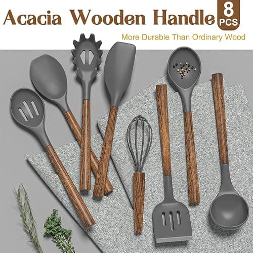 Non-Stick Silicone Kitchen Utensils Set with Natural Acacia Hard Wood Handle, Umite Chef 8 Pieces Kitchen Spatulas set, White, BPA Free, Baking, Serving and Cooking Utensils - White thumbnail 6