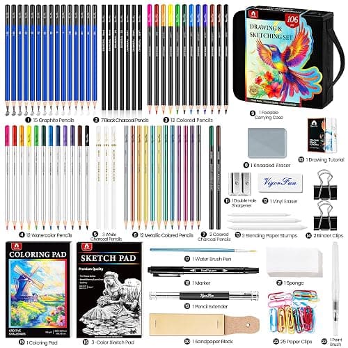 106 PCS Art Supplies Sketching Kit, Pro Drawing Pencils with 3-Color Sketchbook, Coloring Book, Colored Graphite Charcoal Watercolor & Metallic Pencils, Drawing Supplies Gifts for Artists Adults Kids thumbnail 3
