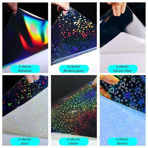 36 Sheets Holographic Sticker Paper Holographic Clear Vinyl Self Adhesive Waterproof Transparent Laminating Sheets Rainbow Overlay with A4 (11.7 x 8.3 Inch) 6 Styles Mixed thumbnail 3