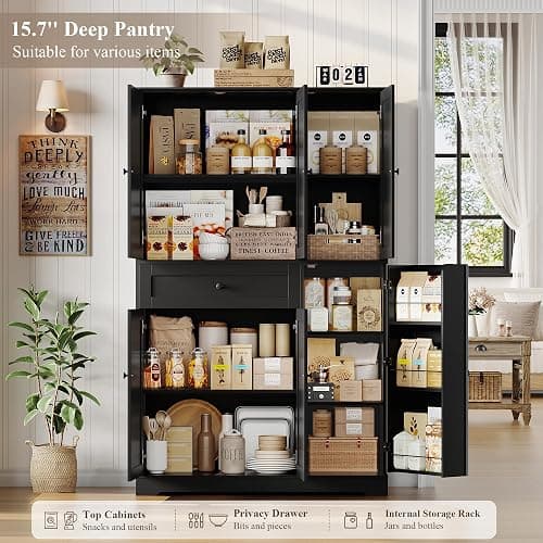 HOSTACK 68" Tall Kitchen Pantry Storage Cabinet, Modern Kitchen Hutch Cabinet with Doors and Shelves, Freestanding Food Pantry with Large Storage Drawer for Dining Room, Living Room, Black thumbnail 6