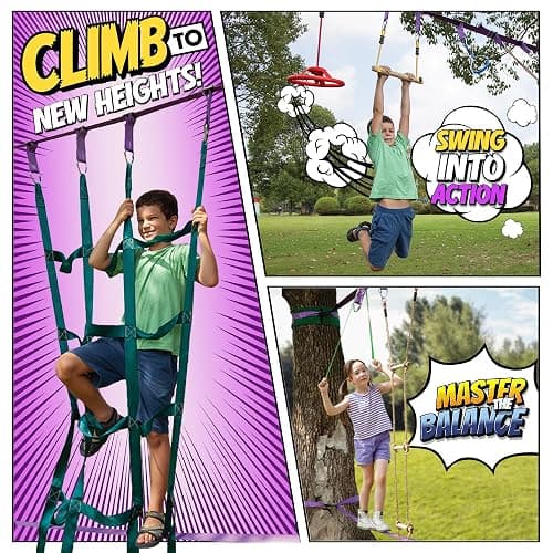 Ninja Warrior Obstacle Course for Kids Workout Equipment, 2 x 55ft Slacklines with 10 Weatherproof & Durable Ninja Kids Toys - Ninja Course for Kids Outside , Kids Obstacle Course Backyard thumbnail 3