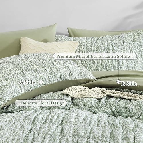 BLOOMHAVEN Twin XL Size Comforter Sets-5 Pieces Puff Sage Green Floral Bedding Set for All Seasons, Shabby Chic Farmhouse Bed in a Bag Twin XL with Floral Comforter, Sheets, Pillowcases & Shams thumbnail 6