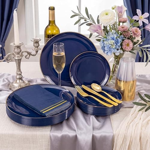 NOCCUR 350PCS Navy Blue Plastic Plates - Blue Disposable Dinnerware Set for 50 Guests, 100 Dinner/Dessert Plates, 150 Gold Silverware, 50 Cups&50 Napkins for Party/Wedding/Graduation/Independence Day thumbnail 5
