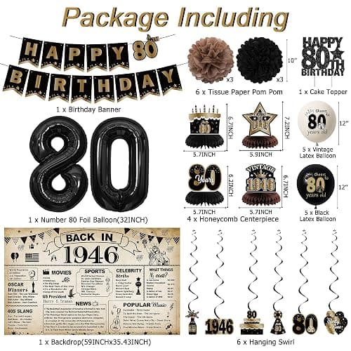 DARUNAXY Vintage 1946 80th Birthday Party Decorations for Men Women(30PC) | Vintage Back in 1946 Banner, Black 80 Number Balloons & Cake Topper, 80 Birthday Honeycomb Hanging Swirl Party Supplies thumbnail 3