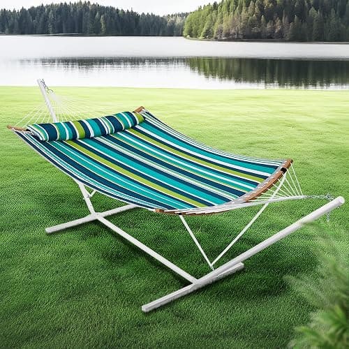SUPERJARE Curved-Bar Hammock with Stand, 2 Person Heavy Duty Hammock Frame, Detachable Pillow & Portable Carrying Bag, Perfect for Outdoor & Indoor, Blue-Green Stripe thumbnail 2