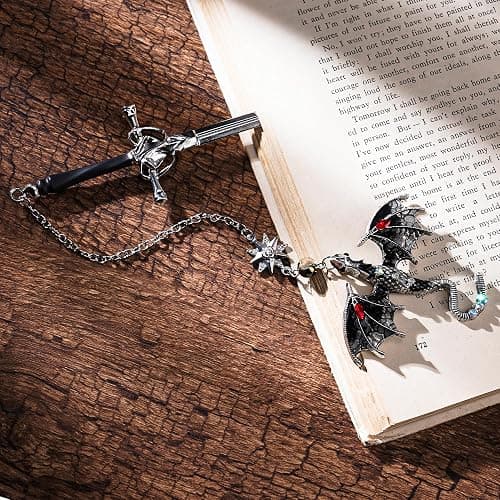 Berirexrion Fourth Wing Dragon Bookmark - Fantasy Sward Book Marks Vintage Tassel Metal Pendant Antique Silver Gray Inspirational Bookmarks Reading School Office Supplies Gift Men Boy Bookworm Reader thumbnail 5