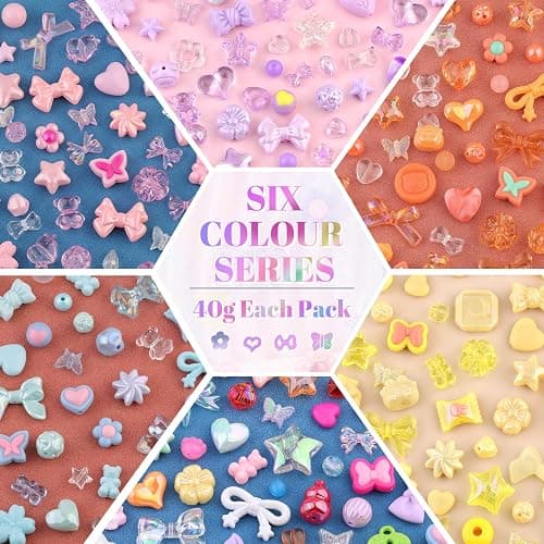 400-450PCS TINKRSTUFF Assorted Acrylic Beads, 6 Colors Series Cute Beads for Bracelet Making, Bow Flower GummyBear Kawaii Charms, Aesthetic Bead for Necklace Keychain Jewelry Making DIY Phone Charm thumbnail 3