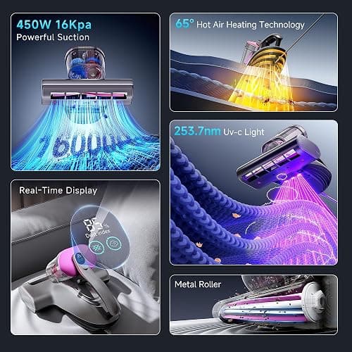 uwant Mattress Vacuum Cleaner, 16KPa 450W Suction Bed Vacuum Cleaner with 253.7nm UV-C Light & Ultrasonic, 149°F Heat, 36000 RPM/Min Tapping, HEPA Filter for Bed Sofa Crib Carpet thumbnail 6