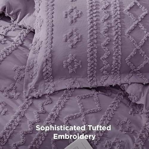 Bedsure Tufted Boho Comforter Set Queen Size - Grayish Purple Boho Bed Set, GentleSoft™ 3 Pieces Farmhouse Shabby Chic Embroidery Bedding, Gifts for Woman, Jacquard Queen Comforter for All Seasons thumbnail 4