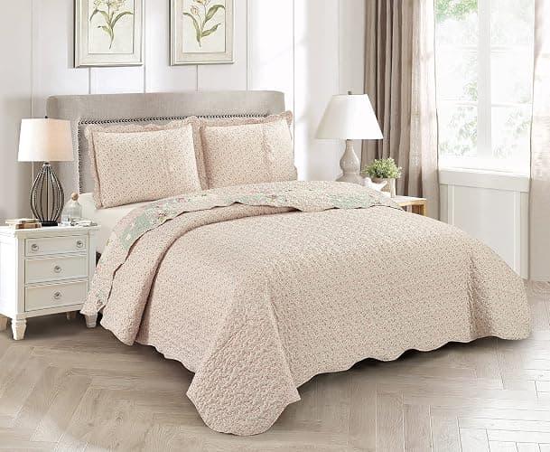 Brilliant Sunshine Rose and Sage Quilt Set, 3-Piece Bedding Sets, Traditional Patchwork Design, Washable and Reversible Bedspread, Soft Lightweight Coverlet, All-Season, Full/Queen, Light Pink Green thumbnail 5