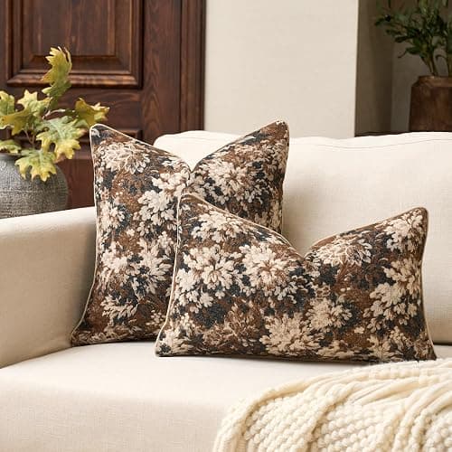 Yangest Neutral Floral Pillow Cover 24 x 24 Inches, Vintage Chenille Square Throw Pillow Cover Soft Decorative Farmhouse Accent Couch Pillow Cover for Living Room Bedroom, Coffee Brown thumbnail 5