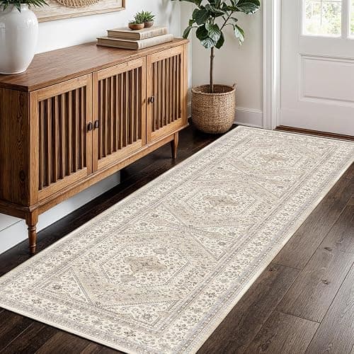 2x5 Runner Rug for Hallway Washable: Non Slip Kitchen Rugs with Rubber Backing Soft Waterproof Mats Stain Resistant Indoor Vintage Carpet Runner for Bedroom Bathroom Laundry Entryway Beige/Gray - Image 1
