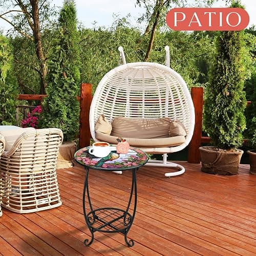 Cinnvoice Outdoor Side Table Round Small Mosaic Patio Accent Indoor End Plant Metal Coffee Tea Table for Yard Porch Garden Patio Living Room, Bedroom(Hummingbird Style,14 Inch) thumbnail 2