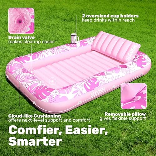 SLOOSH Inflatable Tanning Pool Lounger Float, 85" x 57" Extra Large Pool Floats Adult with Pillow, 4 in 1 Suntan Tub Raft Floatie,Sunbathing Bed Lounge for Water Blow Up Ball Pit, XL-Blushing Pink thumbnail 4