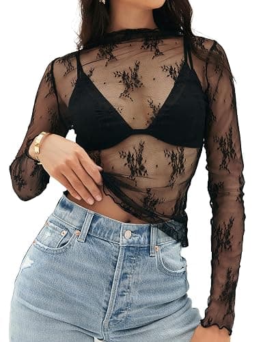 MEROKEETY Womens 2025 Lace Mesh Sheer Long Sleeve Top Sexy Y2k Mock Neck See Through Shirt Blouses - Image 1