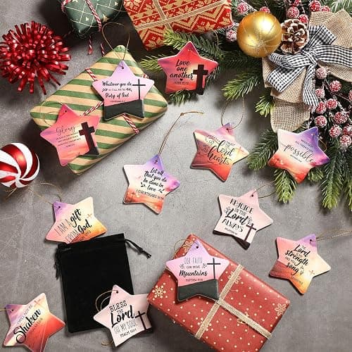 Syhood 24 Pcs Christian Christmas Ornament 12 Styles Bible Verse Christmas Ceramic Ornament Religious Ornaments Star Shaped Hanging Ornaments for Xmas Tree Church Member Gift thumbnail 2