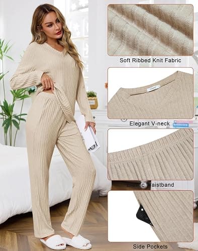 Lovasy Womens Pyjamas Set Ladies Ribbed Pjs 2 Piece Pajamas Long Sleeve Top and Wide Leg Trousers Loungewear Sets thumbnail 3