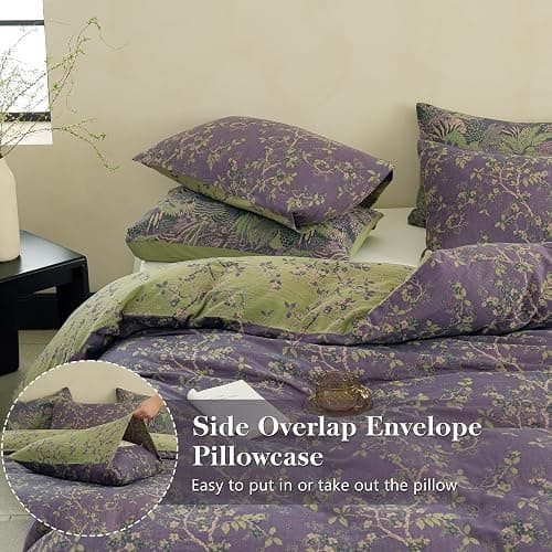 Simple&Opulence Muslin Duvet Cover Set King Size, 100% Washed Cotton 3 Pieces Yarn-Dyed Vintage Purple Floral Jacquard Textured Bedding, Soft & Breathable Gauze Comforter Cover with Zipper Closure thumbnail 4