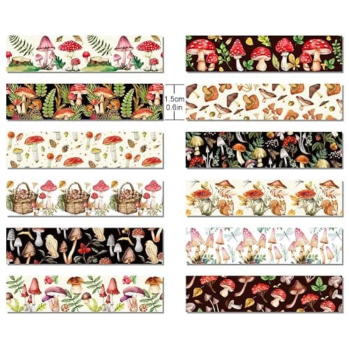 MOZUI 12 Pcs Mushroom Washi Tapes Set Forest Mushroom Vintage Masking Tape Mushroom Themed Decorative Tape Mushroom Printed Decorative for DIY, Planner, Scrapbooking, and Party Decor thumbnail 2