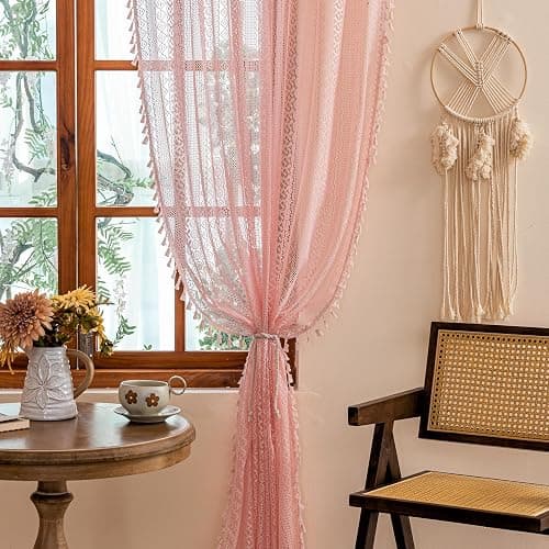 Sutuo Home Light Pink Boho Curtains 84 inches Long for Girls Bedroom Living Room,Lace Sheer Window Curtains Crochet Macrame Bohemian Valentine Farmhouse Vintage Tassels Rod Pocket,2 Panels 50" W thumbnail 3