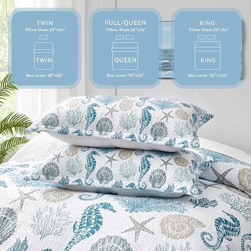 weesire Coastal Bedding Queen Size Coastal Quilt with 2 Shams, Nautical Beach Comforter Sets Ocean Bedspreads Blue Seahorse Coverlet Summer Bedding, 90''x96'' thumbnail 3