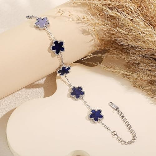 TICVSS Four Leaf Clover Bracelet for Women Platinum Plated Stainless Steel Lucky 4 Leaf Silver Chain Link Bracelet Jewelry Gift for Women thumbnail 4