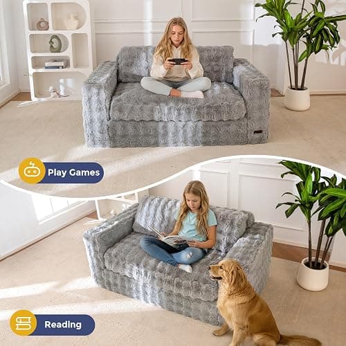 MAXYOYO Loveseat Sofa Couch, Upholstered Bean Bag Chair Cloud Seat | Boneless Couch with Cushion & Pillows, Sofa in A Box, No Assembly Required, Ash Grey, 2-Seat thumbnail 4