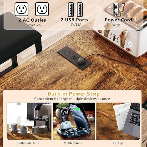 Bar Table and Chairs Set for 2-4, 63'' Convertible L-Shaped Kitchen Table with Power Outlets, 3 Piece Counter Height Small Dining Table with 2 Stools, Space Saving, Breakfast Nook Corner, Rustic Brown thumbnail 5