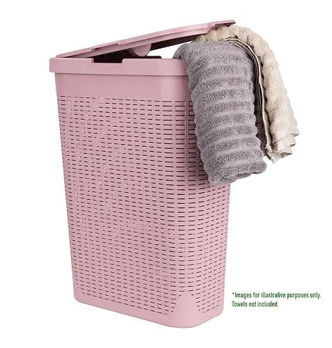 Mind Reader 40L Slim Laundry Hamper, Clothes Basket, Lid, Wicker Design, Plastic, 18"L x 10.4"W x 23.5"H, Pink - Pink - Single thumbnail 7
