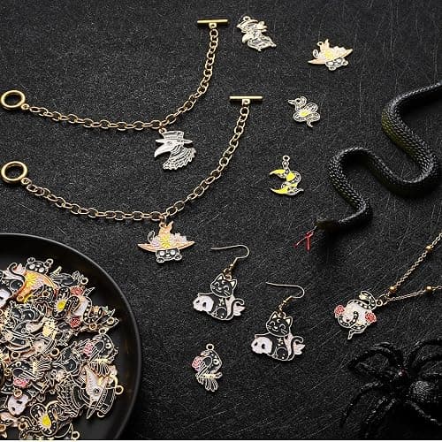 Sasylvia 48 Pcs Halloween Charms for Jewelry Making Black Gothic Charms Include 12 Style Crow Skull Snake Cat Moon for Halloween Party Decoration Gifts DIY Art Craft thumbnail 6