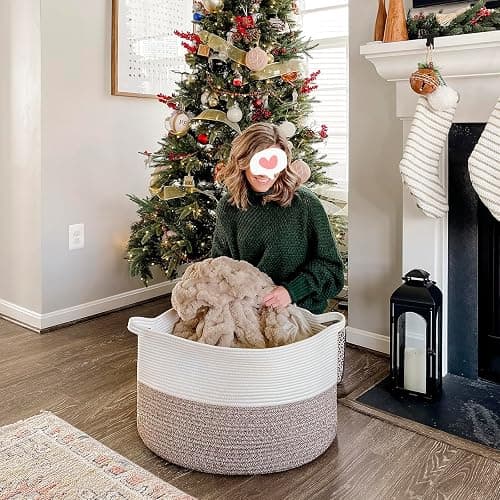 INDRESSME XXXLarge Cotton Rope Basket 21.7" x 21.7" x 13.8" Woven Baby Laundry Blanket Baskets Toy Burr Basket with Handle Storage Comforter Cushions for Christmas Thread Laundry Hamper thumbnail 2