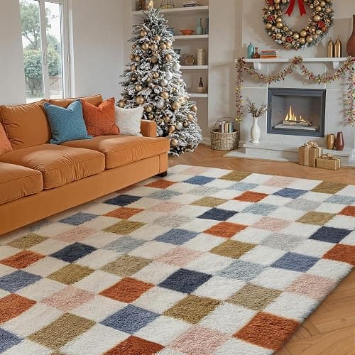 PureCozy Checkered Rug 5x7 for Living Room, Modern Rainbow Shag Rug Super Soft Washable Indoor Fuzzy Carpet Non-Slip Fluffy Rugs for Bedroom Home Aesthetic Decor - Image 1