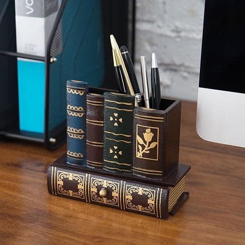 MyGift Decorative Desk Organizer Caddy, Pencil and Pen Holder with Bottom Storage Drawer and Antique Library Books Design thumbnail 2