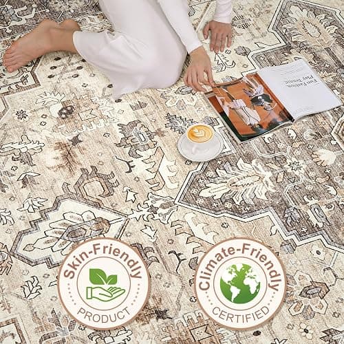 8x10 Area Rugs Living Room: Washable Boho Large Neutral Vintage Soft Rug Stain Resistant Farmhouse Non Slip Indoor Floor Carpet for Bedroom Nursery Kids Playroom Office Dining Room Home Decor- Brown thumbnail 8