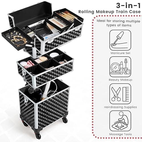 Yaheetech Rolling Makeup Train Case 3 in 1 Cosmetic Case Large Capacity Organizer with Swivel Wheels Key Cosmetic Trolley for Nail Tech Makeup - Black thumbnail 4