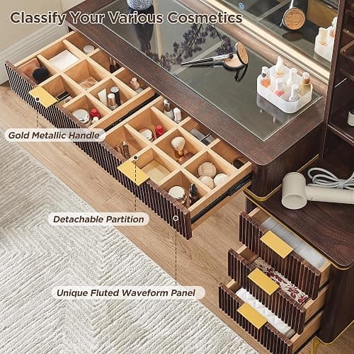 T4TREAM Fluted Makeup Vanity Desk with 36" HD Lighted Mirror, 48" Big Modern Vanity Desk with Mirror and Lights, Dressing Table with 5 Drawers & Shelves, Glass Top for Bedroom, Dark Walnut thumbnail 4