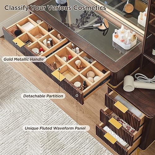 T4TREAM Fluted Makeup Vanity Desk with 36" HD Lighted Mirror, 48" Big Modern Vanity Desk with Mirror and Lights, Dressing Table with 5 Drawers & Shelves, Glass Top for Bedroom (Dark Walnut) thumbnail 6