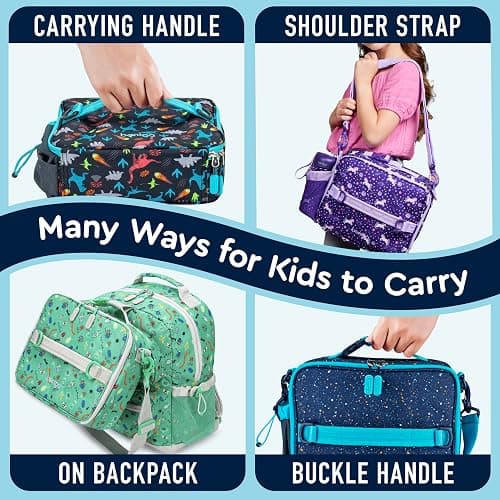Bentgo Kids Lunch Bag - Double-Insulated, Reusable Lunch Bag for Kids 3+ with Adjustable Strap; Holds Lunch Box/Water Bottle/Snacks; Easy-Clean, Water-Resistant & Pockets (Confetti - Abyss Blue) thumbnail 4