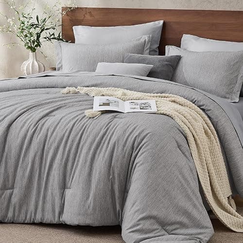 JOLLYVOGUE Grey Queen Comforter Set, Cationic Dyeing Bed in a Bag Queen 7 Pieces, Double-Tone Bedding Set with Down Alternative Comforter, Sheets, Pillowcases & Shams - Image 1