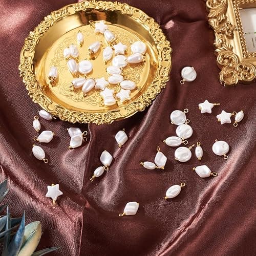 Cheriswelry 48pcs Pearl Pendants Star Flat Round Oval Rhombus Dangle Pearl Charms Real 18K Gold Plated Plastics Pendant 13.5~16mm for DIY Craft Earring Bracelet Necklace Jewelry Making thumbnail 6