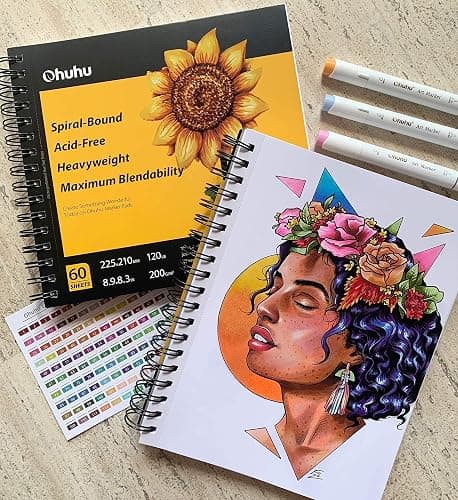 Ohuhu Marker Pads Art Sketchbook, 7.6 ×10 Large Paper Size, 120LB/200GSM Heavy Smooth Drawing Papers, 60 Sheets/120 Pages, Spiral Bound Sketch Book, Specially Designed for Alcohol Markers, Colored Pencils, Acrylic Markers thumbnail 7