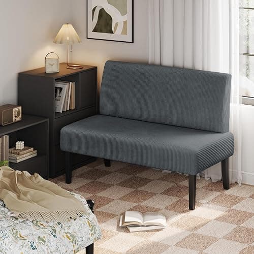 Yaheetech Small Mini Sofa Couch Armless Loveseat Futon for Bedroom, Corduroy Fabric & Easy Assembly, for Small Spaces Living Room,Dorm,Office,Apartment, Dark Grey thumbnail 4